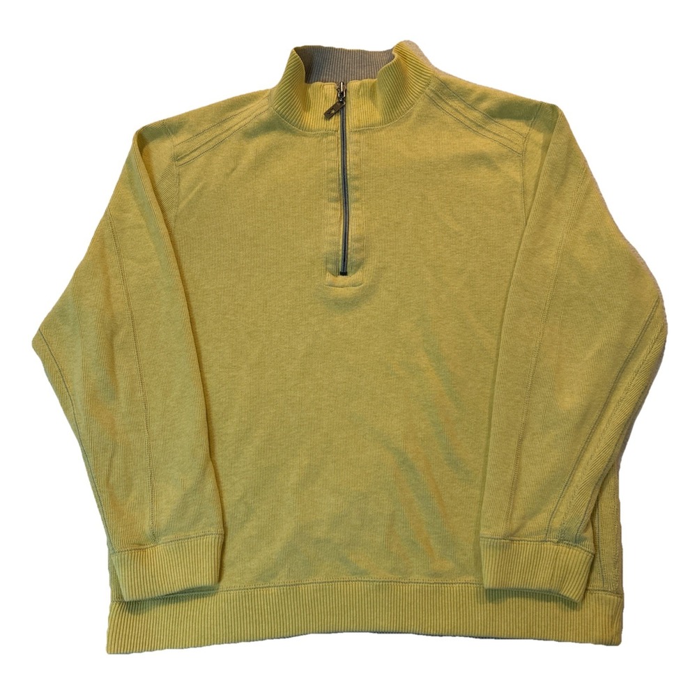 Tommy‎ Bahama Pullover Mens XL Yellow Grey Reversible Quarter Zip Ribbed Sweater